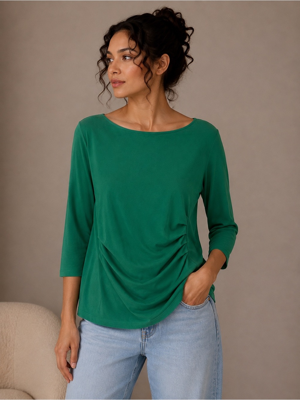 Ann Taylor  Emerald Green Ruched Draped Front Boatneck Top Size XL